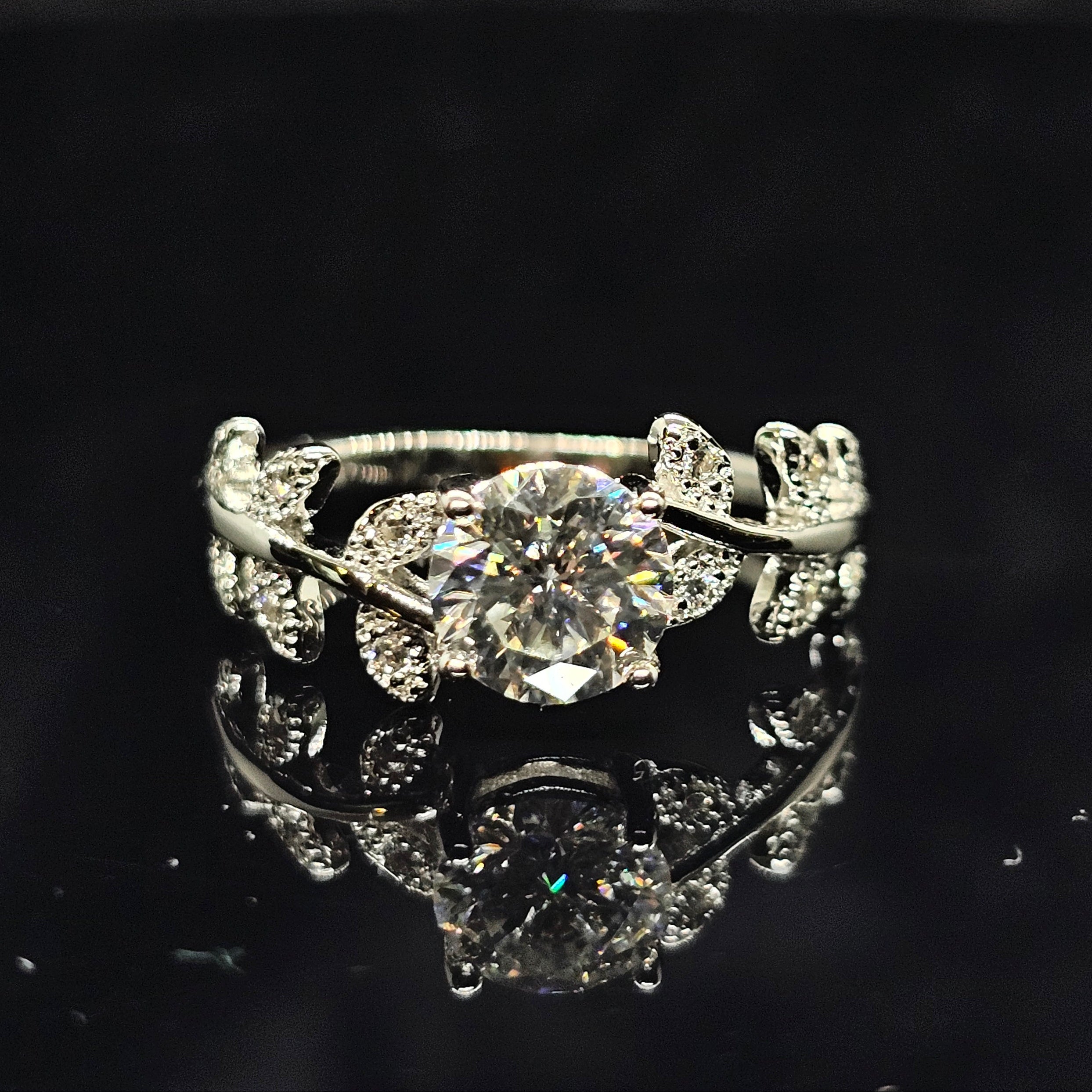 Flora - 1ct Round Solitaire Ring with Vine Detailed Band