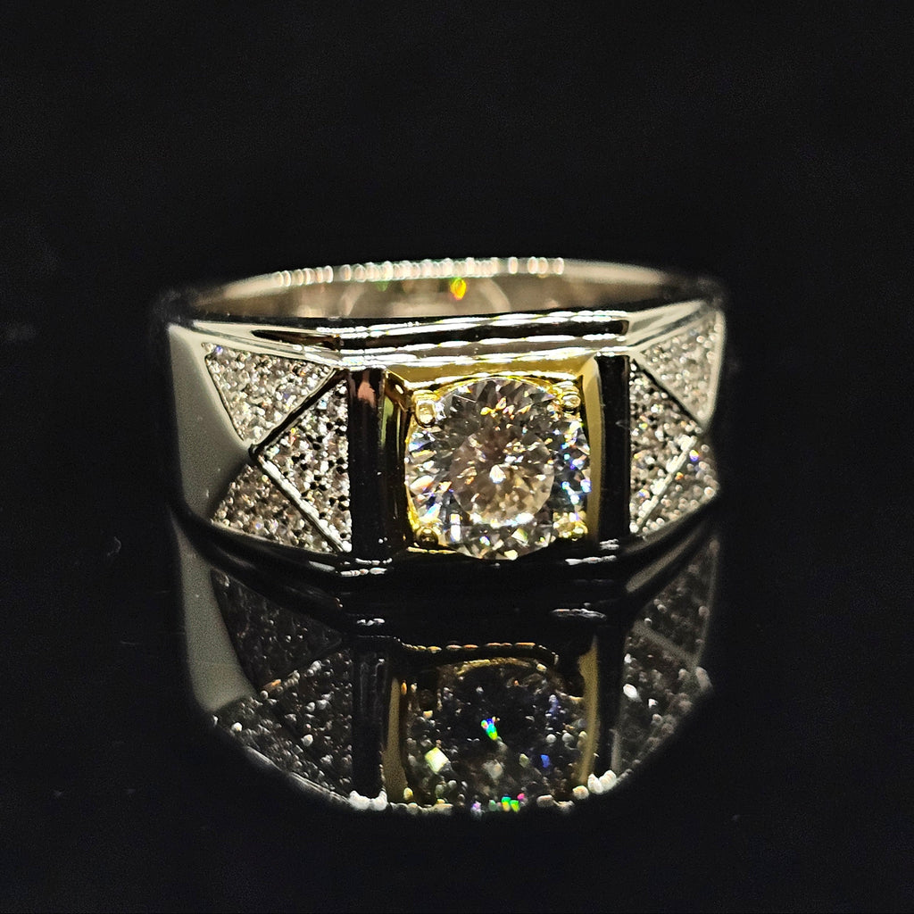 1ct Round Cut Solitaire Moissanite Ring with Wide Band and Trianglular Pave Details