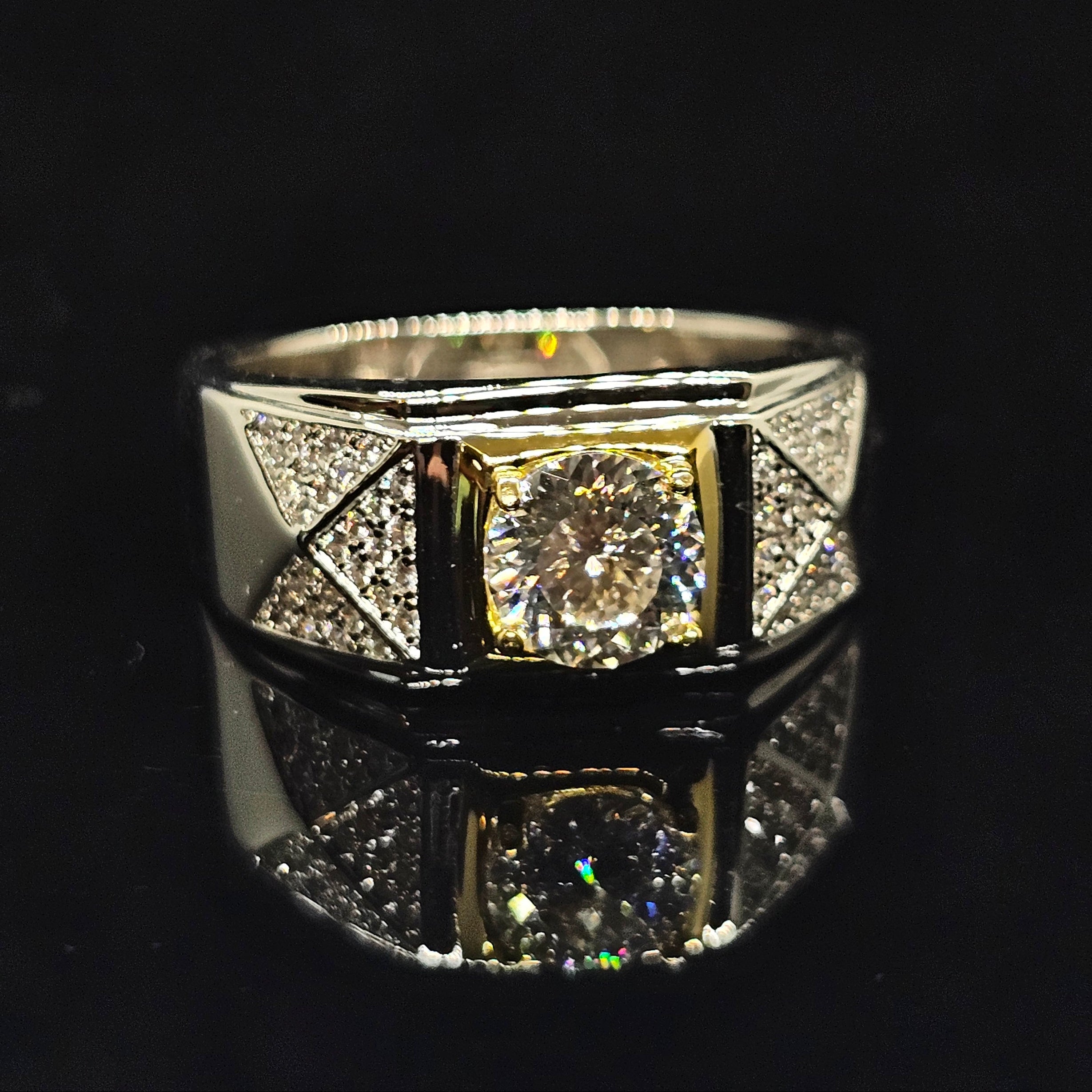 1ct Round Cut Solitaire Moissanite Ring with Wide Band and Trianglular Pave Details