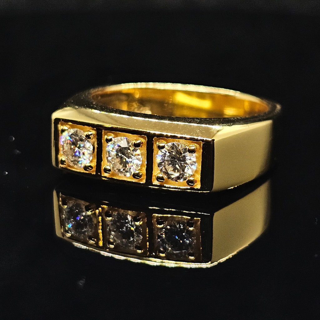 1.5cttw Flat Top Three-Stone Round Cut Moissanite Ring with 18K Gold Plating