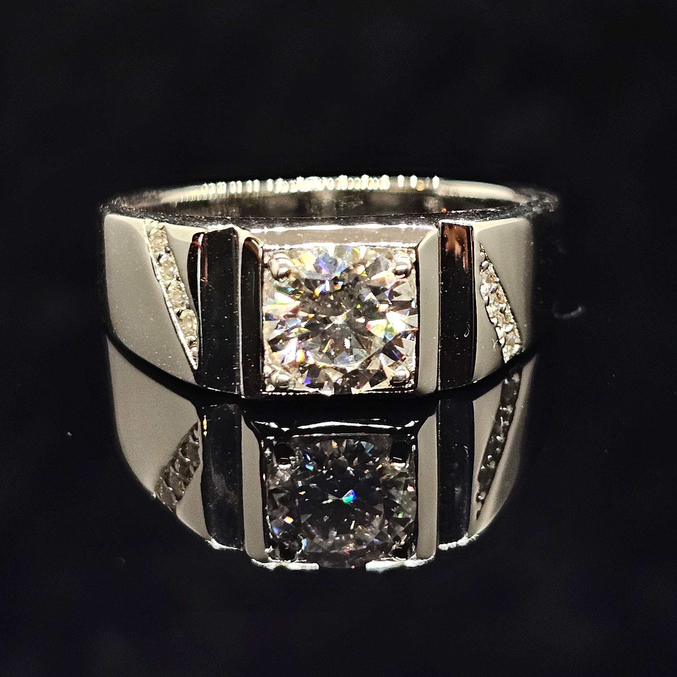 1ct Round Cut Solitaire Moissanite Ring with Wide Band and Geometric Details