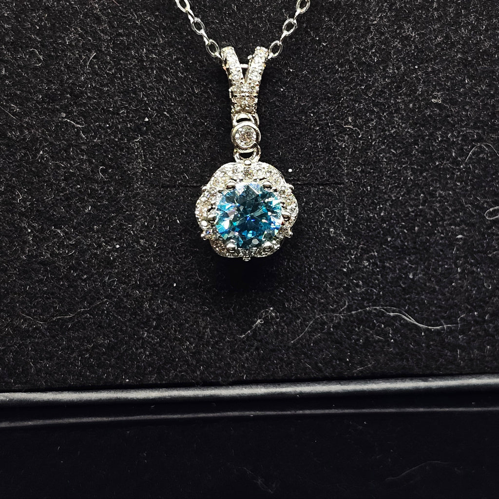 Abigail - Baby Blue Round Pendant Necklace with Halo