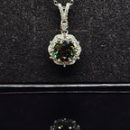 Abigail - Dark Green Round Pendant Necklace with Halo