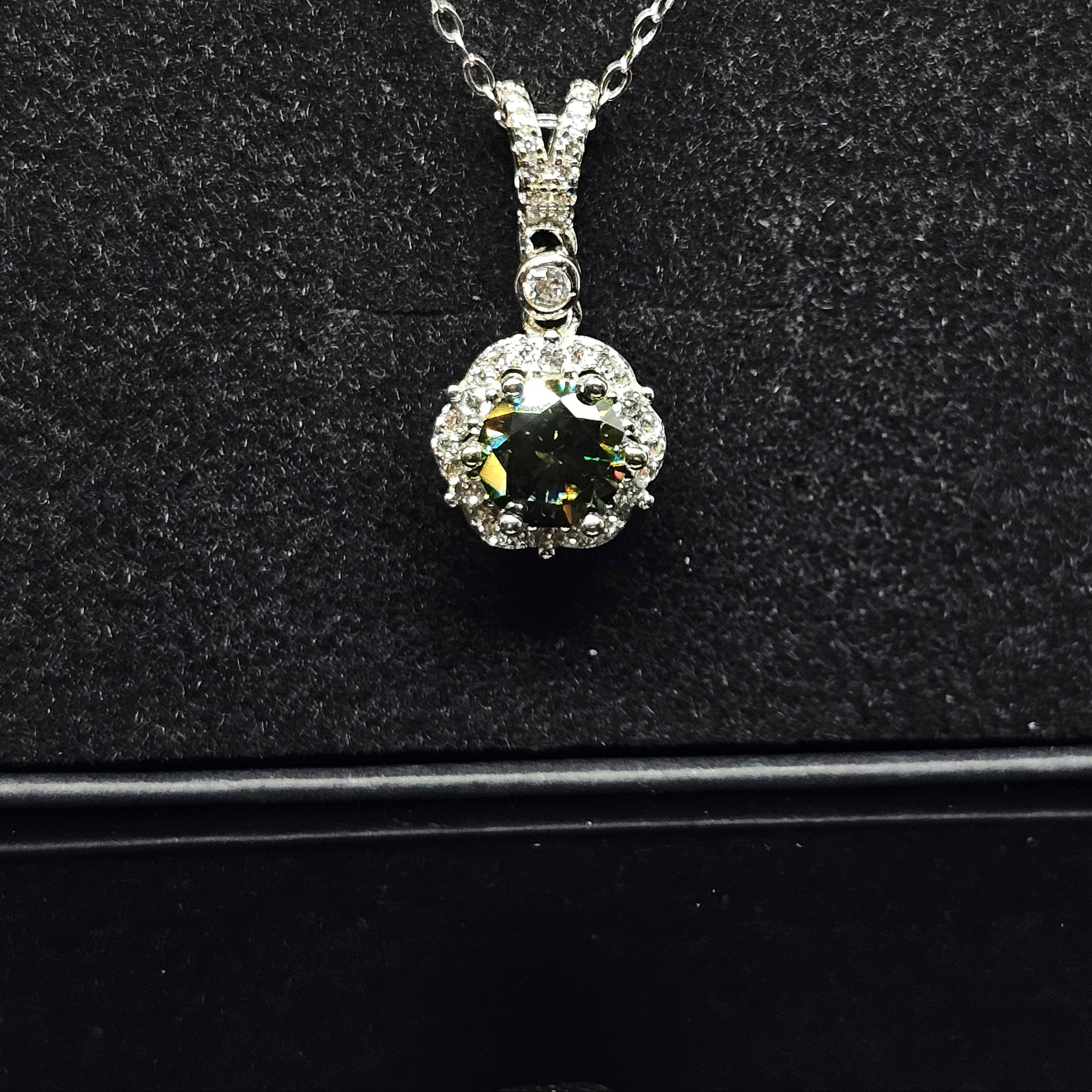 Abigail - Dark Green Round Pendant Necklace with Halo