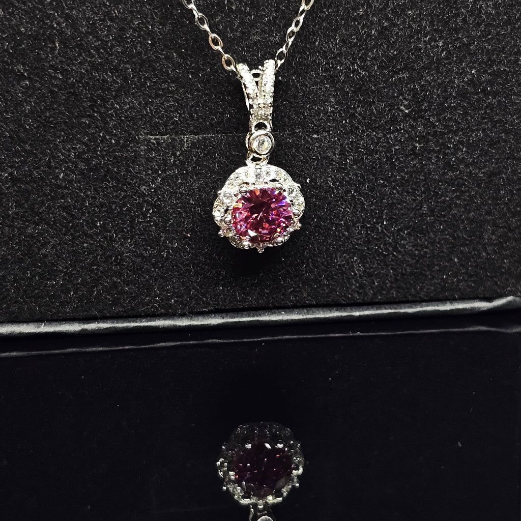 Abigail - Pink Round Pendant Necklace with Halo