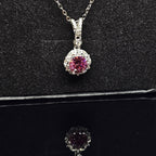 Abigail - Pink Round Pendant Necklace with Halo