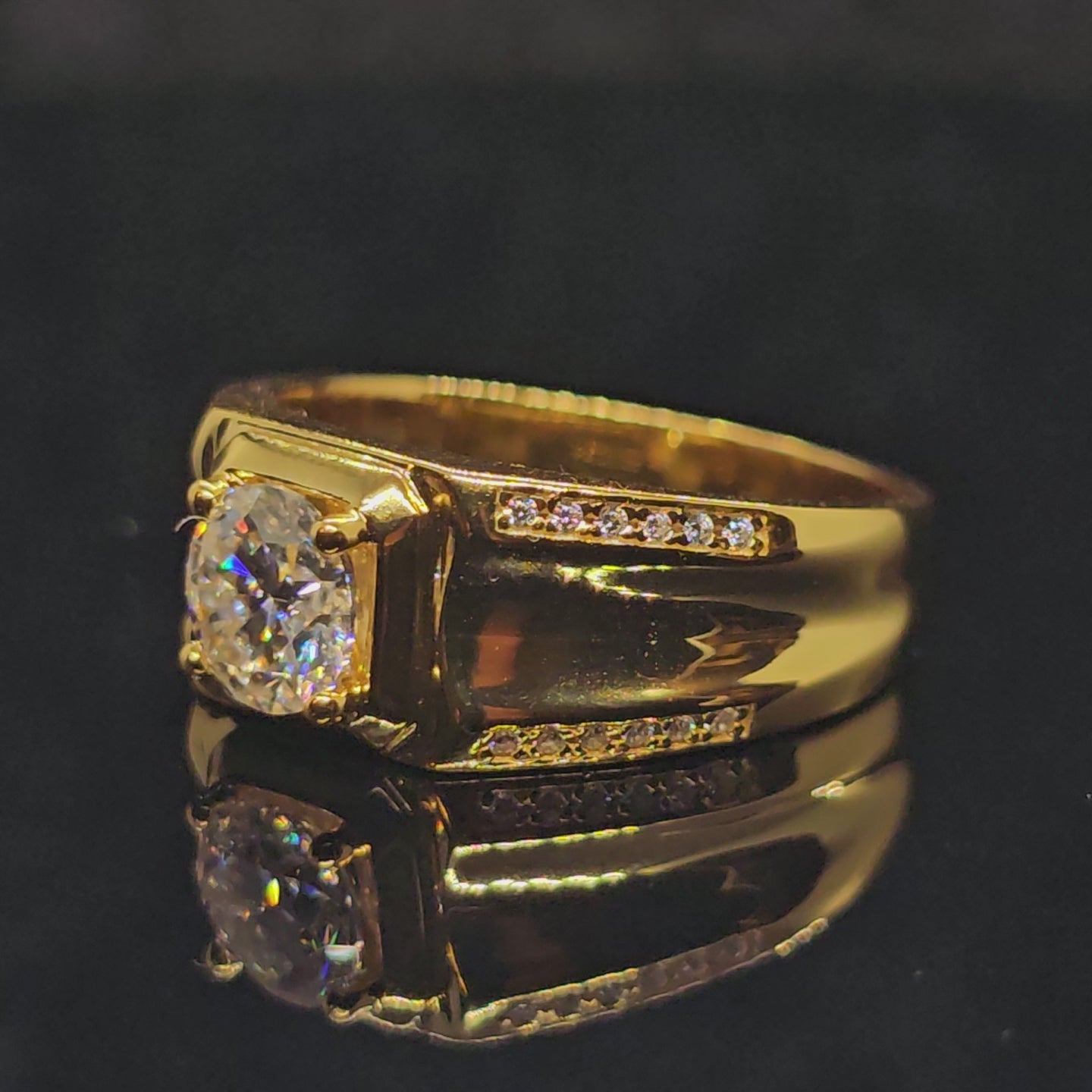 1ct Round Cut Solitaire Moissanite Ring with Pavé Accented Split Band with 18K Gold Plating