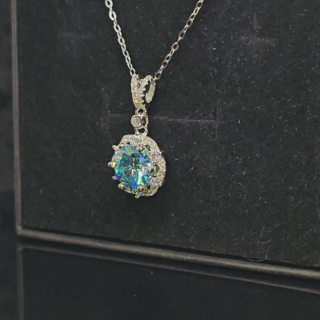 Abigail - Baby Blue Round Pendant Necklace with Halo