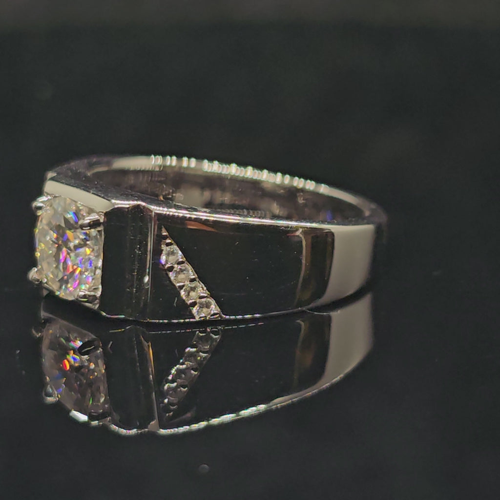 1ct Round Cut Solitaire Moissanite Ring with Wide Band and Geometric Details