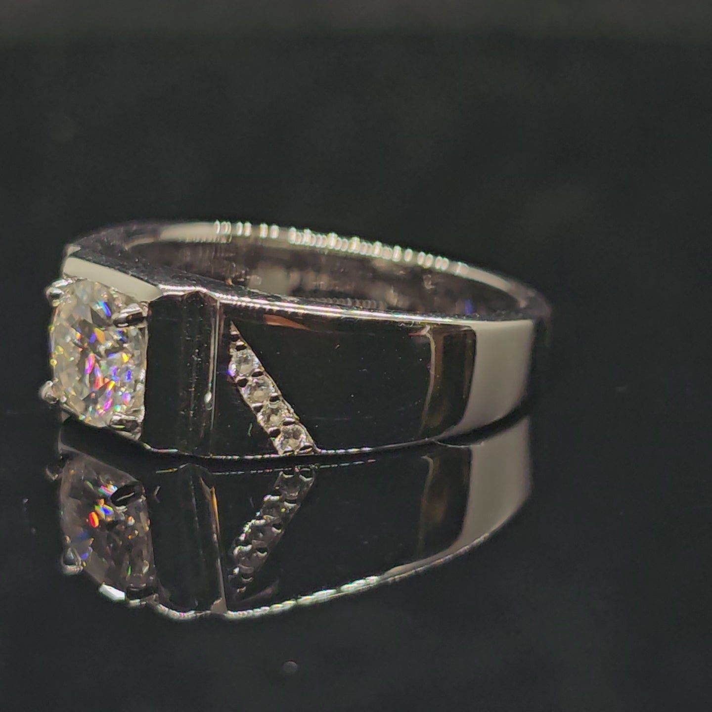 1ct Round Cut Solitaire Moissanite Ring with Wide Band and Geometric Details