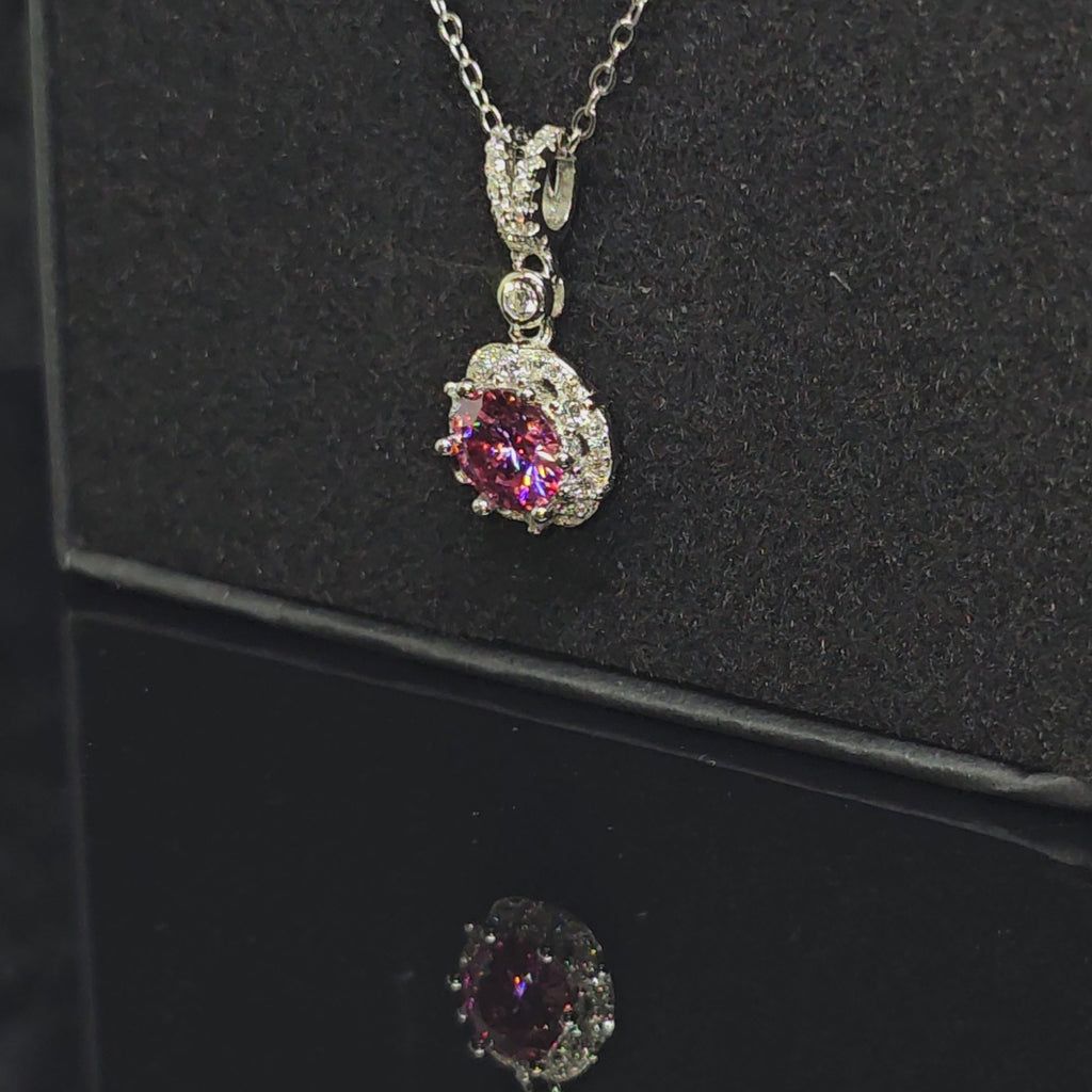 Abigail - Pink Round Pendant Necklace with Halo