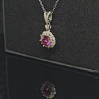 Abigail - Pink Round Pendant Necklace with Halo