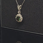 Abigail - Dark Green Round Pendant Necklace with Halo