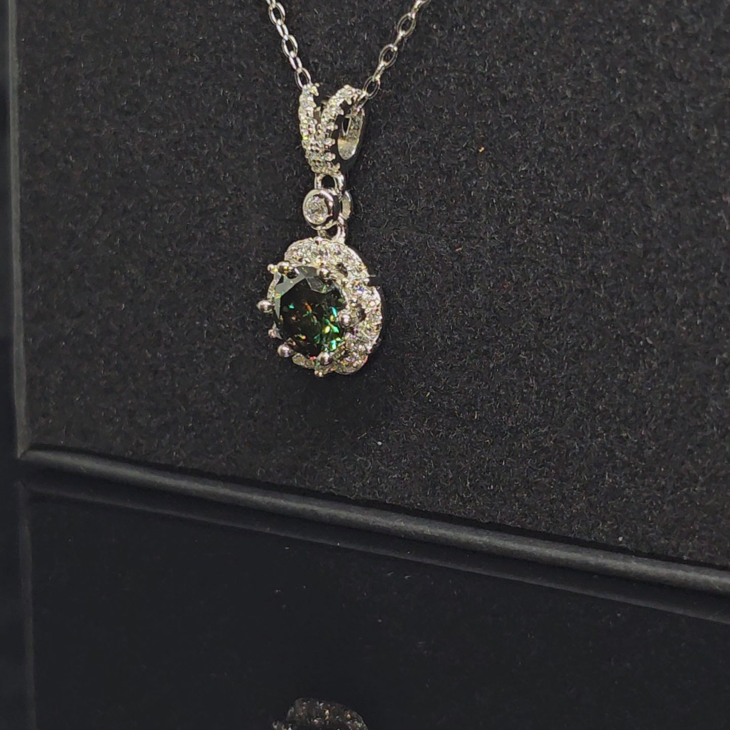 Abigail - Dark Green Round Pendant Necklace with Halo
