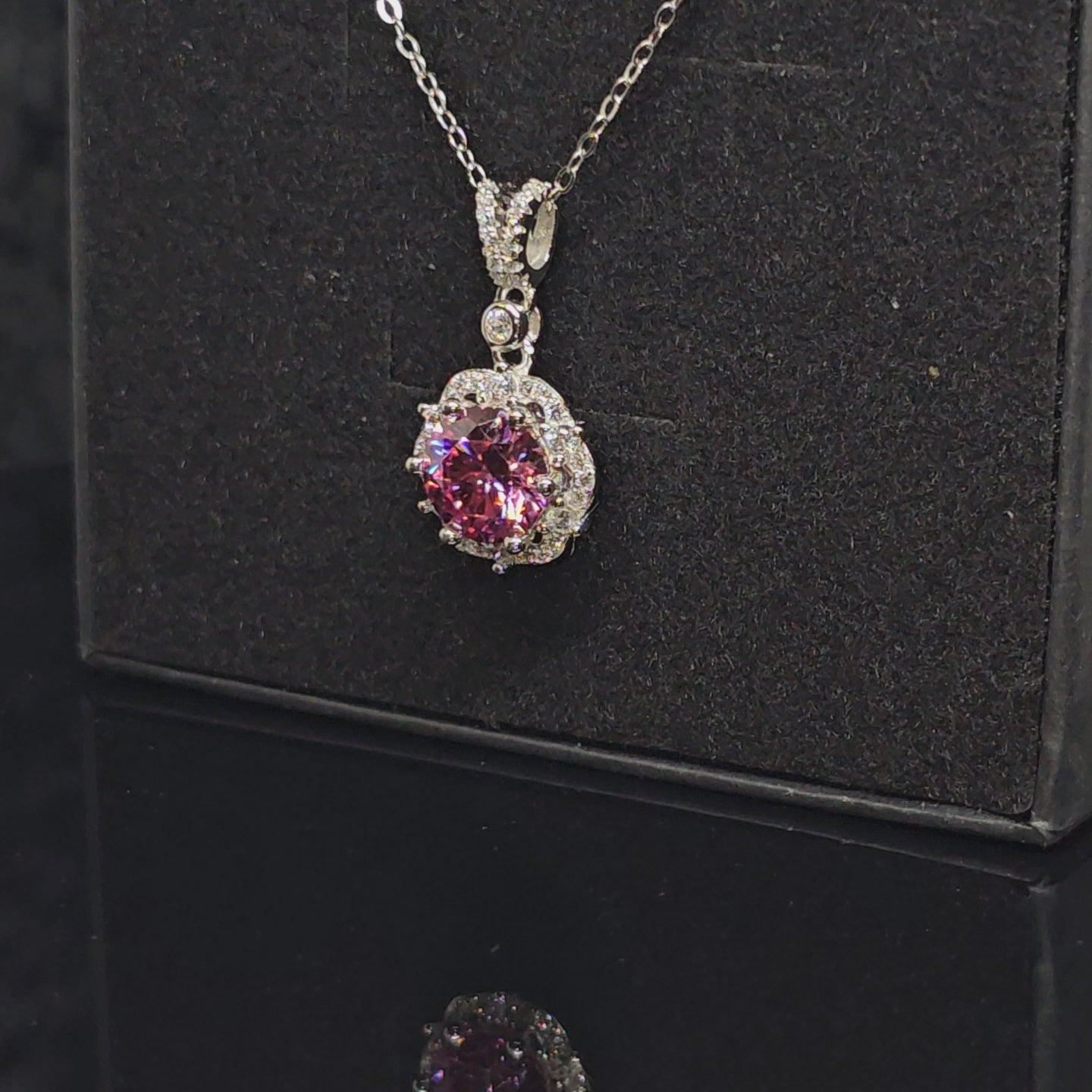 Abigail - Pink Round Pendant Necklace with Halo